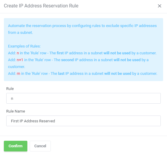 IP Manager For WHMCS: Create IP Address Reservation Rule form with the rule n and the name First IP Address Reserved