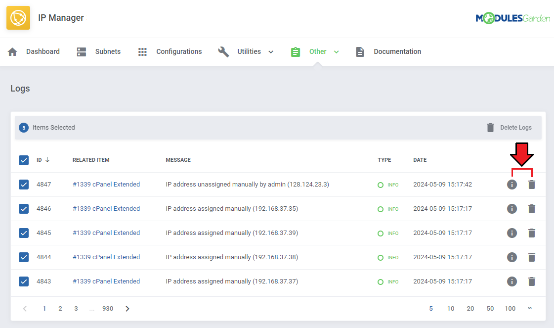 IP Manager For WHMCS: Logs page with five selected entries, the Delete Logs mass action and the info and delete icons