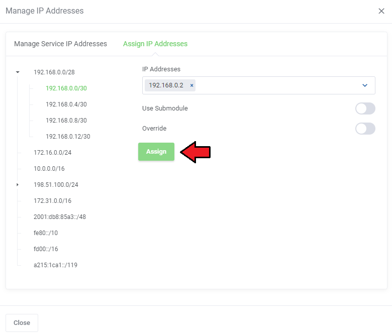 IP Manager For WHMCS: Manage IP Addresses window, Assign IP Addresses tab with a chosen IP, Use Submodule toggle and