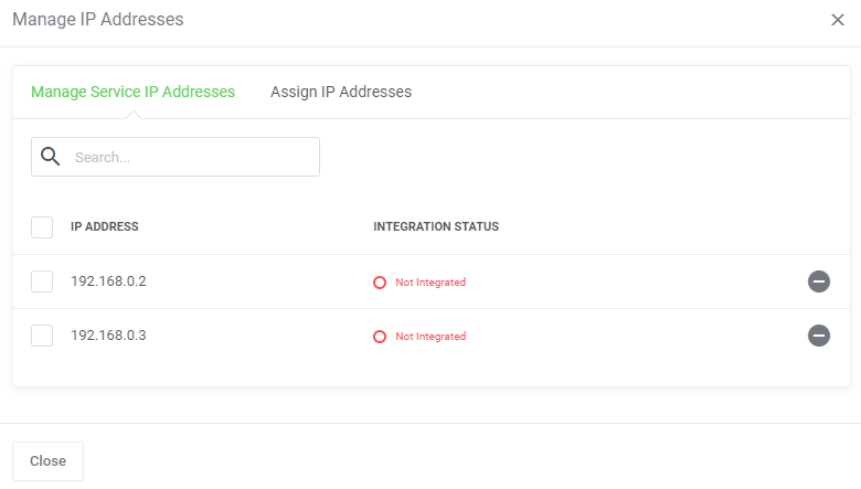 IP Manager For WHMCS: Manage IP Addresses window, Manage Service IP Addresses tab listing two IPs with integration
