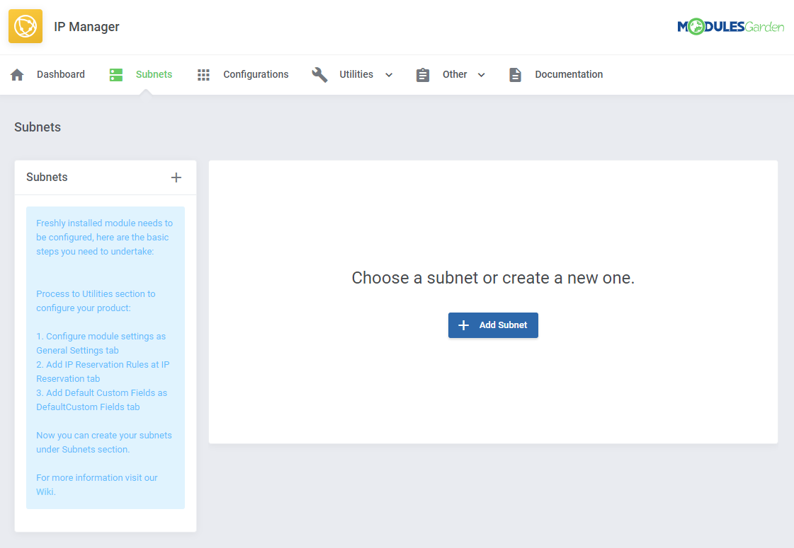 IP Manager For WHMCS: module main page in the WHMCS admin area, Subnets tab with the Add Subnet button