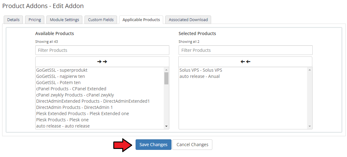 IP Manager For WHMCS: WHMCS Edit Addon page, Applicable Products tab with the Save Changes button marked