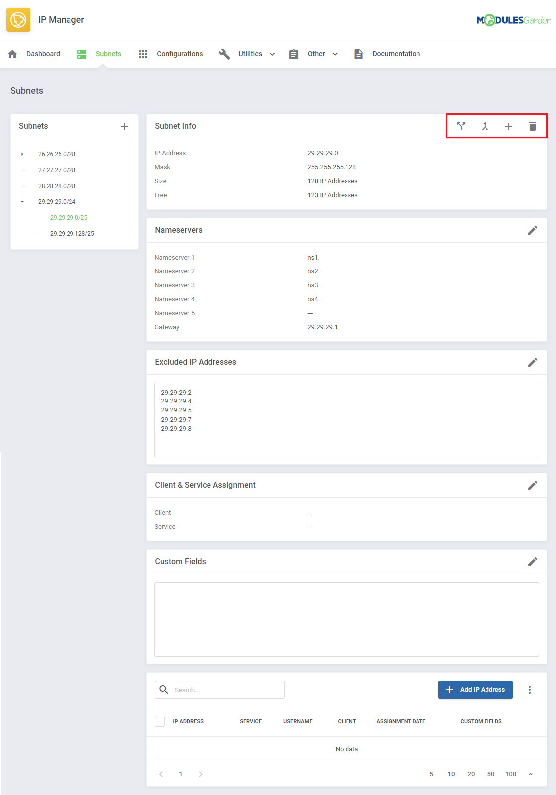 IP Manager For WHMCS: Subnet Info action icons for split, merge, add child subnet and delete highlighted