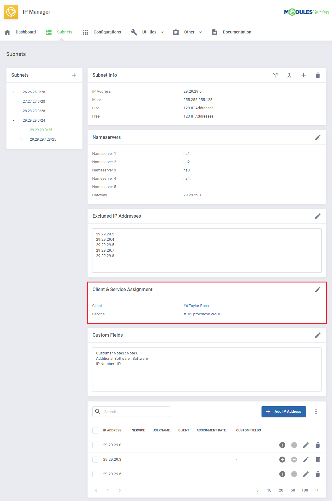IP Manager For WHMCS: Client & Service Assignment section of a subnet showing the assigned client and service