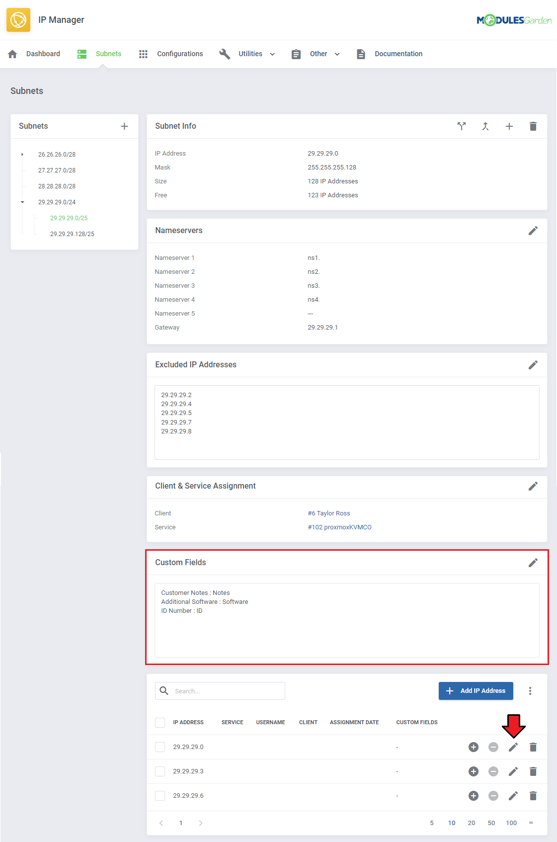 IP Manager For WHMCS: Custom Fields section of a subnet with the edit icon for IP address custom fields
