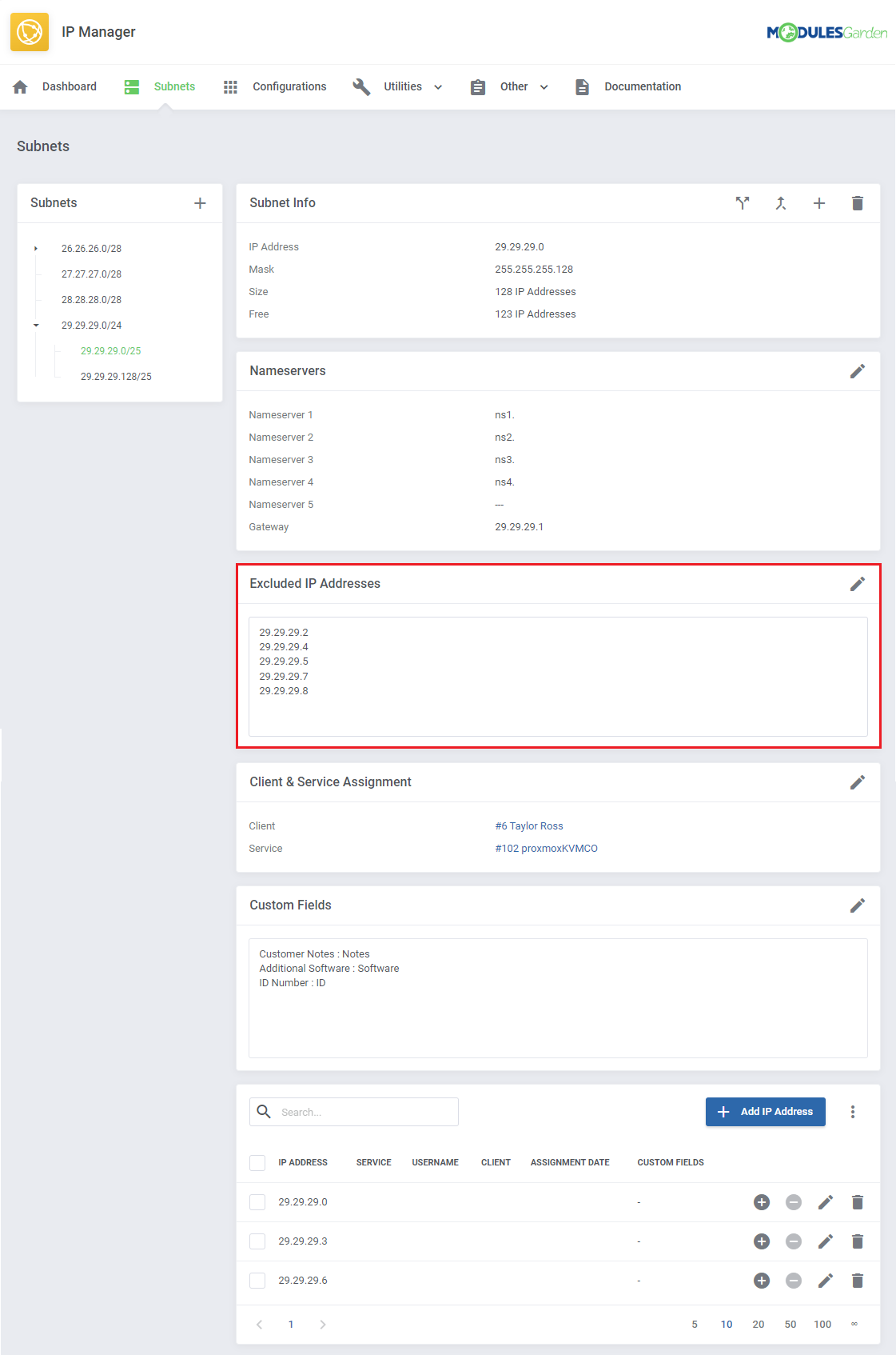 IP Manager For WHMCS: Excluded IP Addresses section of a subnet with a list of excluded IPs