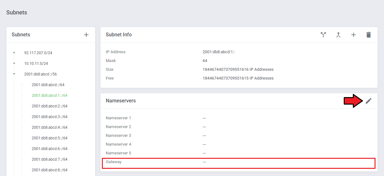 IP Manager For WHMCS: IPv6 /64 subnet details with the Nameservers box, empty Gateway field and edit icon