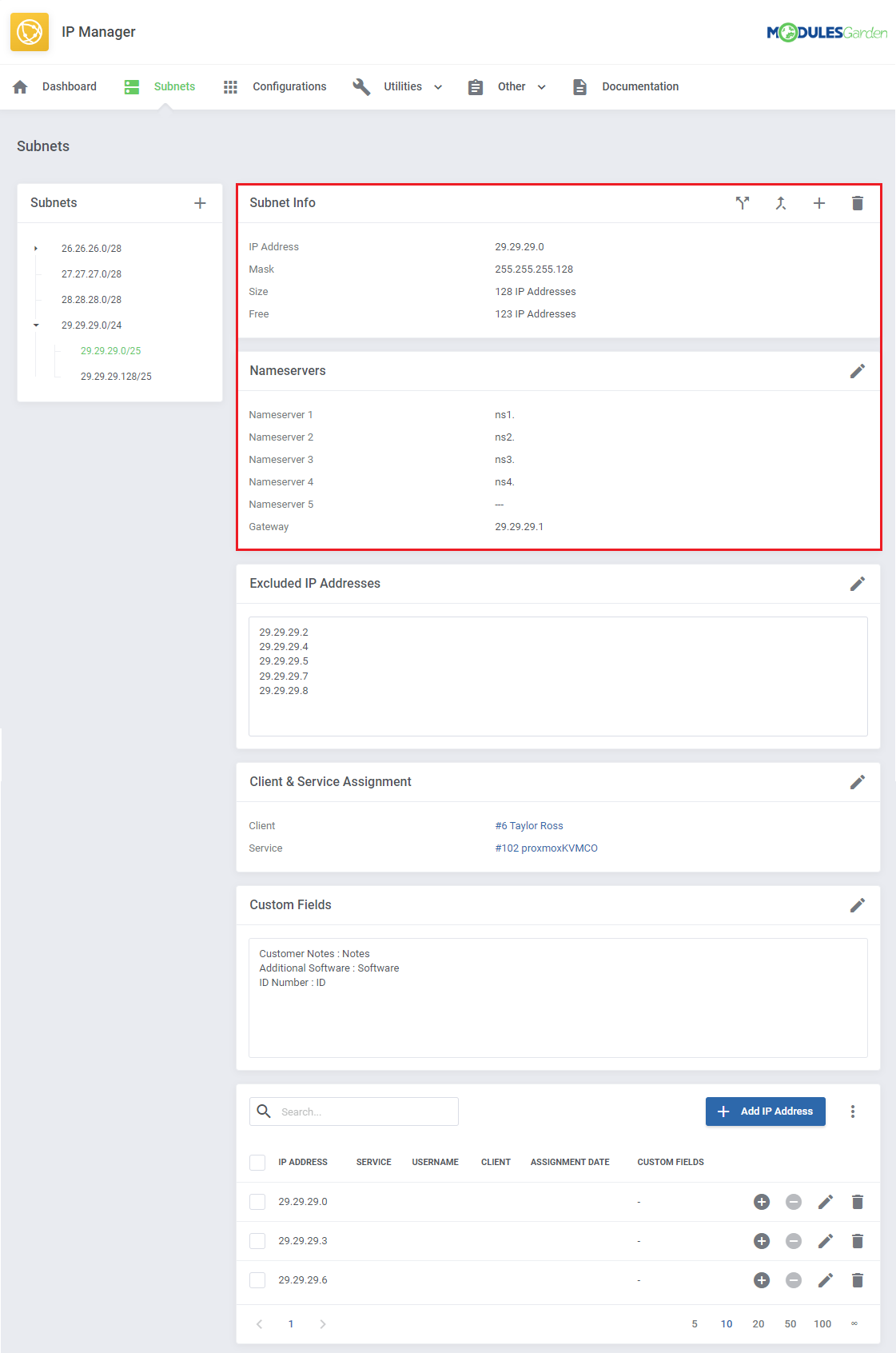 IP Manager For WHMCS: Subnet Info and Nameservers sections of a subnet with the gateway and nameserver details