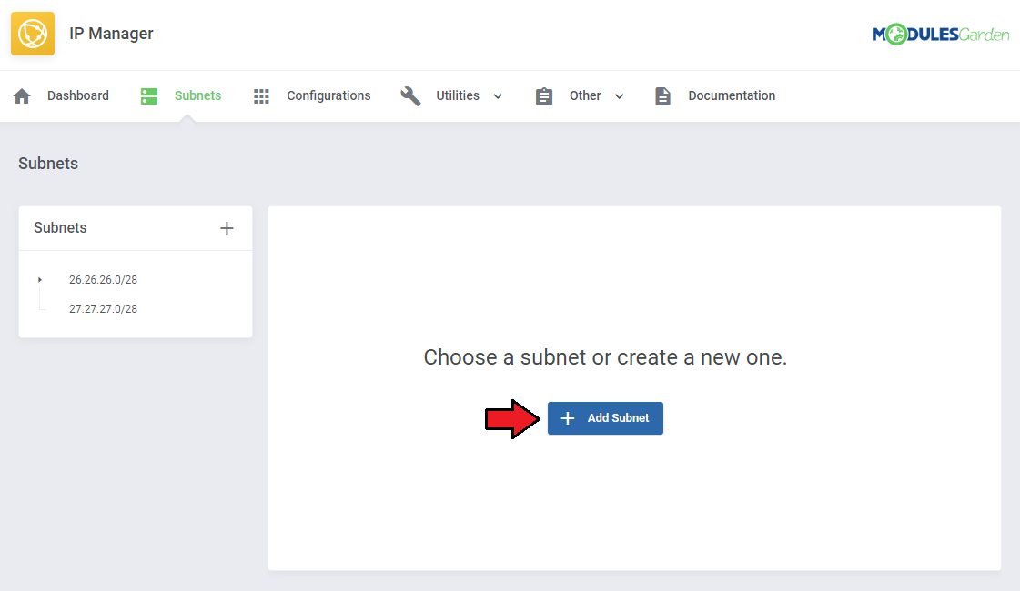 IP Manager For WHMCS: Subnets tab with a list of subnets and the Add Subnet button