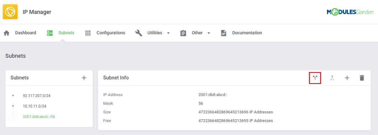 IP Manager For WHMCS: Subnets section with an IPv6 /56 subnet selected and the Split Subnet icon highlighted