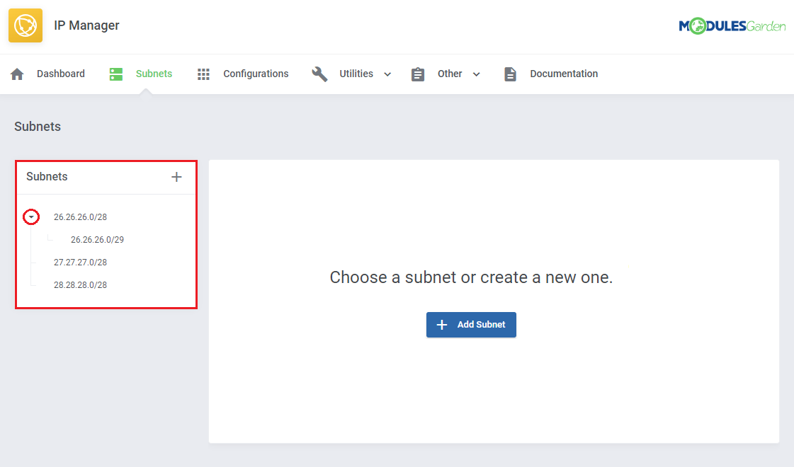 IP Manager For WHMCS: Subnets tree view with an arrow next to the parent subnet expanding its child subnets