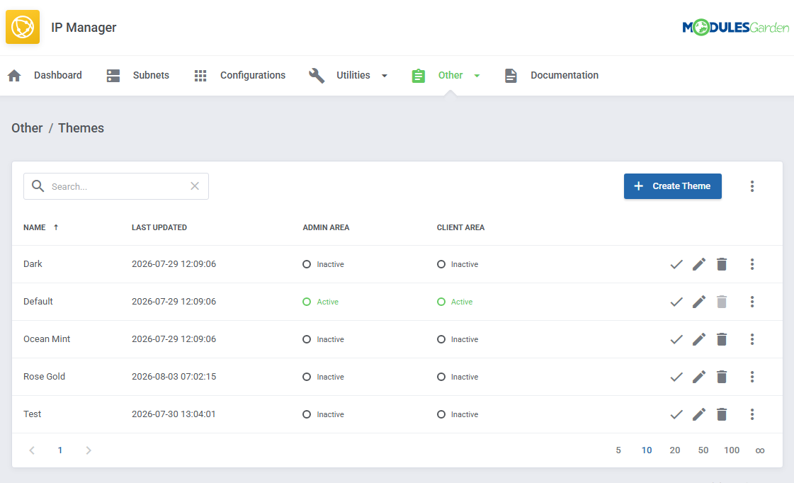IP Manager For WHMCS: Other, Themes page listing Dark, Default, Ocean Mint, Rose Gold and Test themes with Create Theme