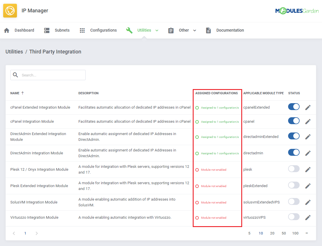 IP Manager For WHMCS: Third Party Integration list with the Assigned Configurations column highlighted