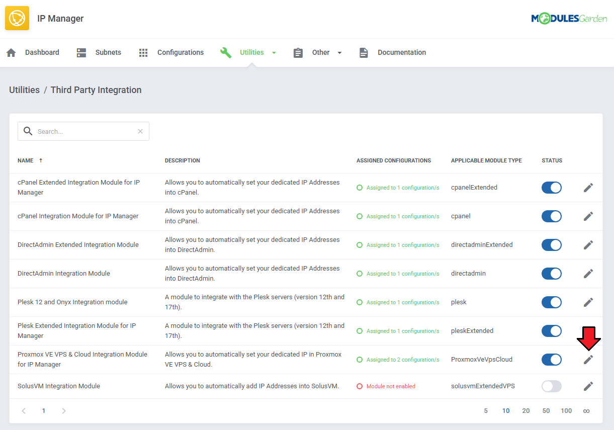 IP Manager For WHMCS: Third Party Integration list with the edit icon of the Proxmox VE VPS and Cloud module marked