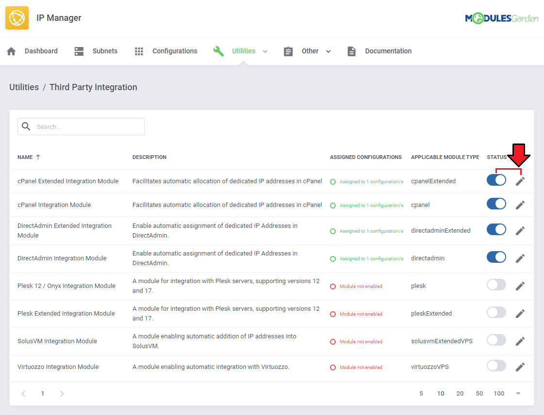 IP Manager For WHMCS: Utilities Third Party Integration list with status toggles and the edit icon for cPanel modules