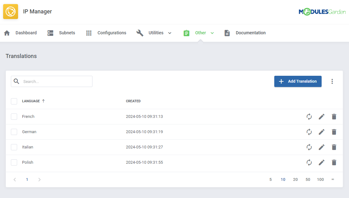 IP Manager For WHMCS: Other, Translations page listing French, German, Italian and Polish with the Add Translation