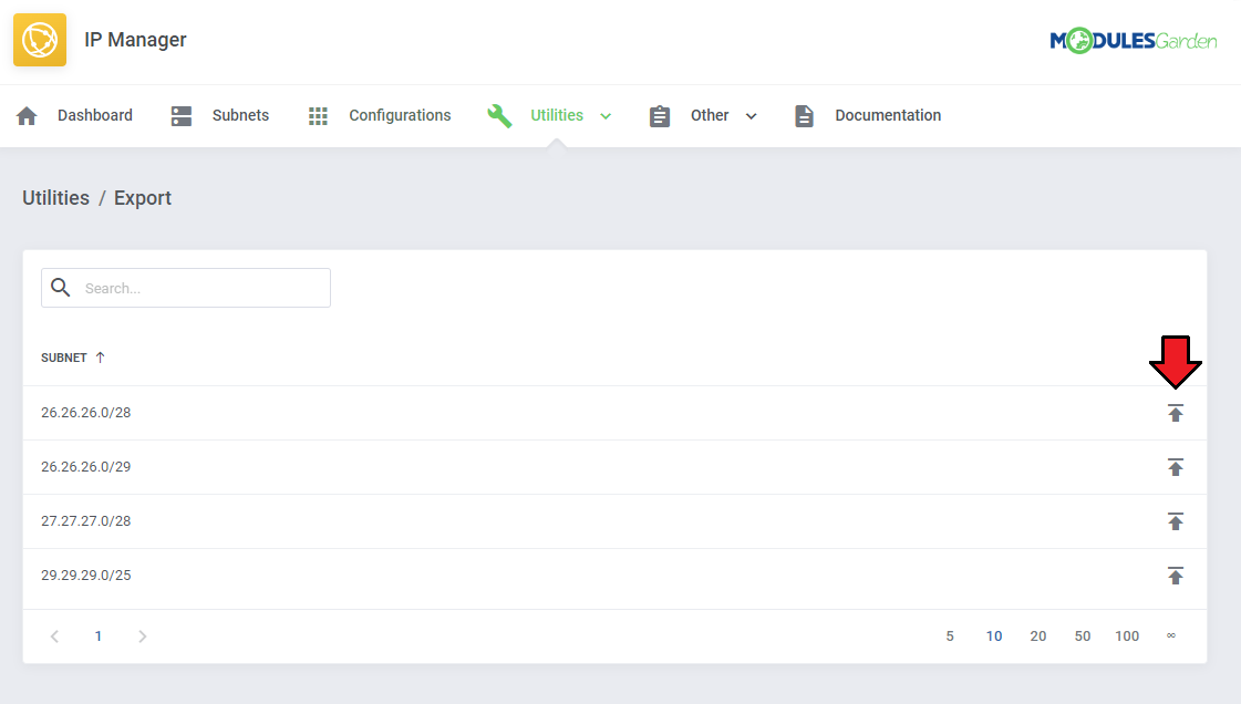 IP Manager For WHMCS: Utilities Export page with a list of subnets and the export icon