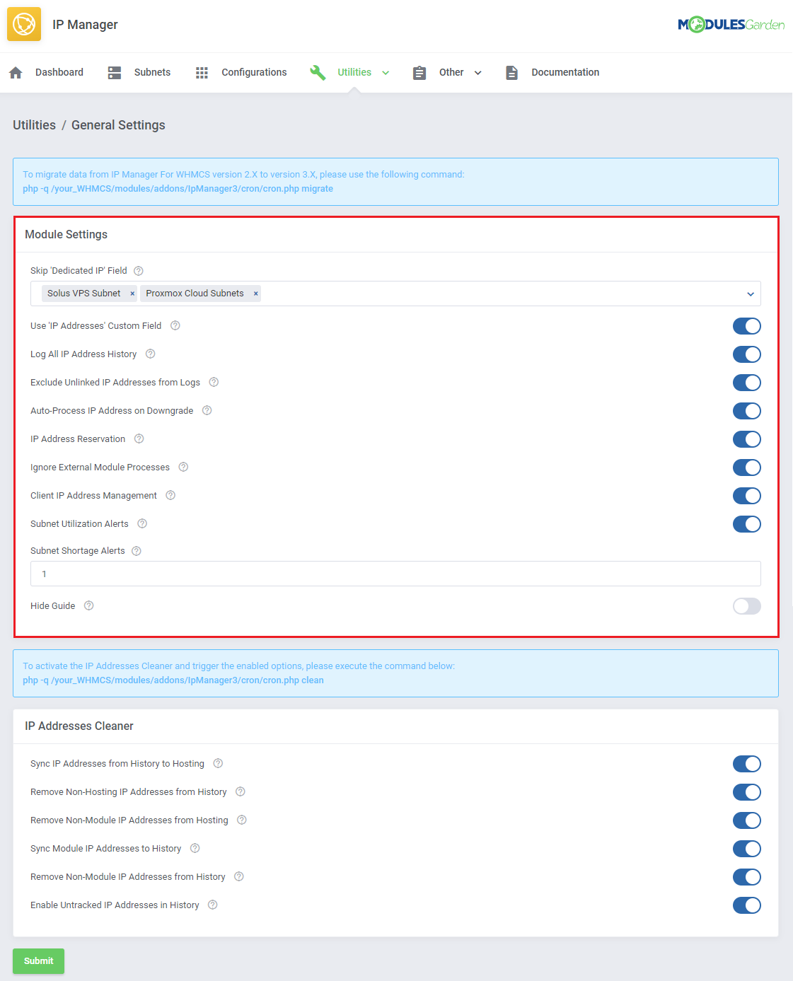 IP Manager For WHMCS: Utilities General Settings page with the Module Settings section highlighted and toggles
