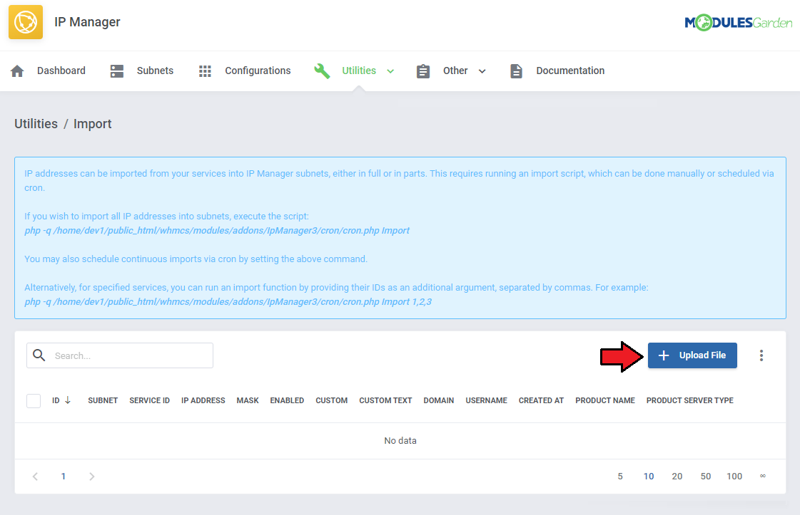 IP Manager For WHMCS: Utilities Import page with import script instructions and the Upload File button