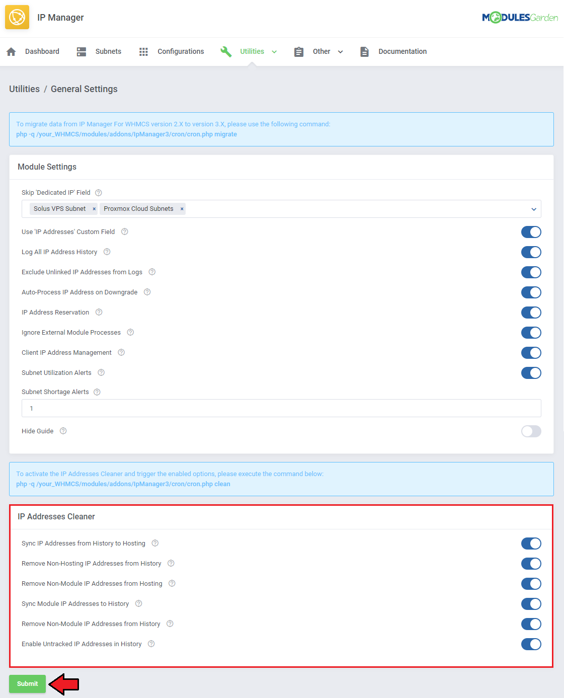 IP Manager For WHMCS: Utilities General Settings page with the IP Addresses Cleaner section and the Submit button