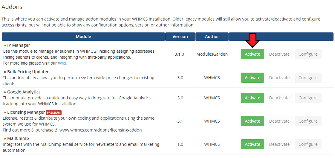 IP Manager For WHMCS: WHMCS Addon Modules list with the Activate button next to IP Manager