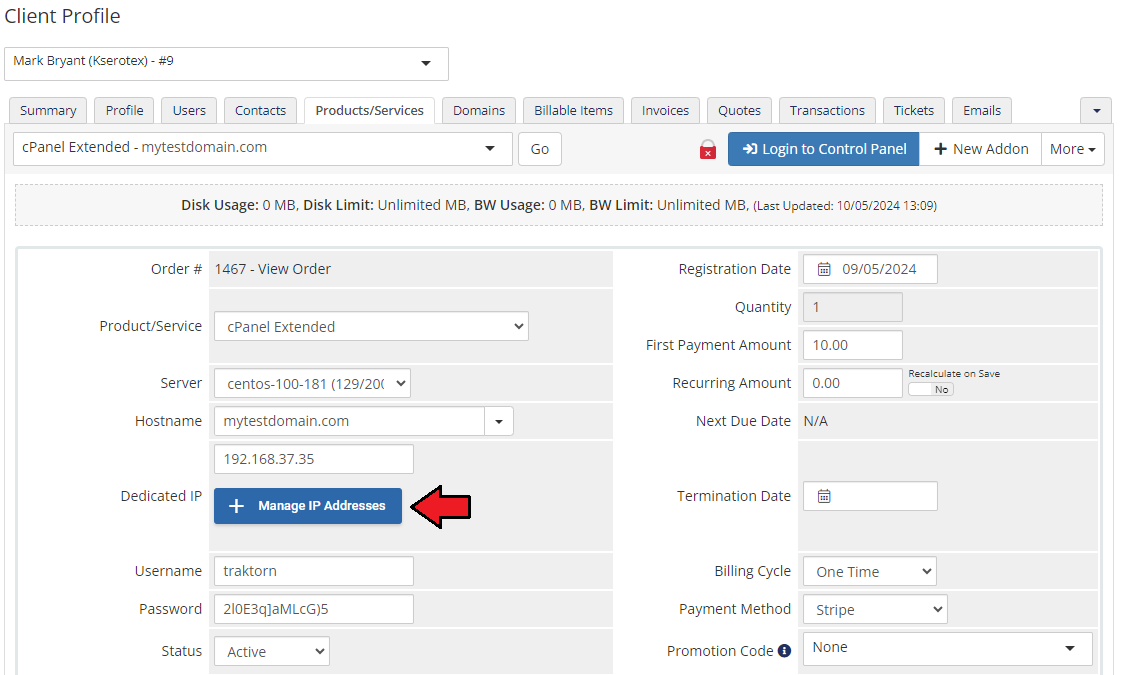 IP Manager For WHMCS: WHMCS client profile, Products/Services tab with the Manage IP Addresses button next to Dedicated
