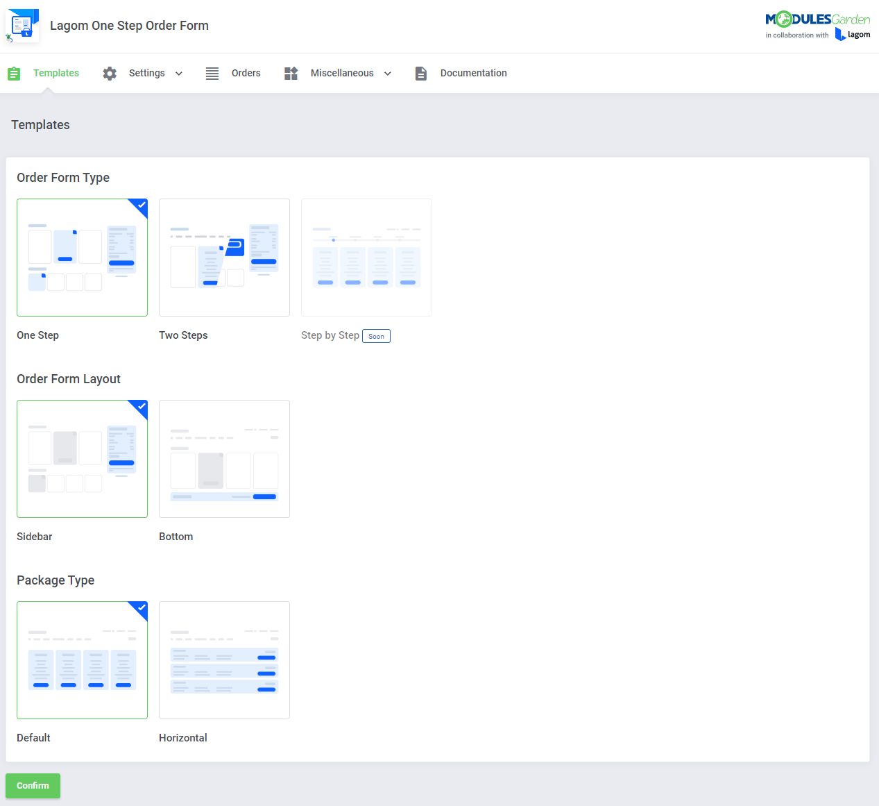 Lagom One Step Order Form For WHMCS 1.2.X: module Templates page in the admin area with form type, layout and package