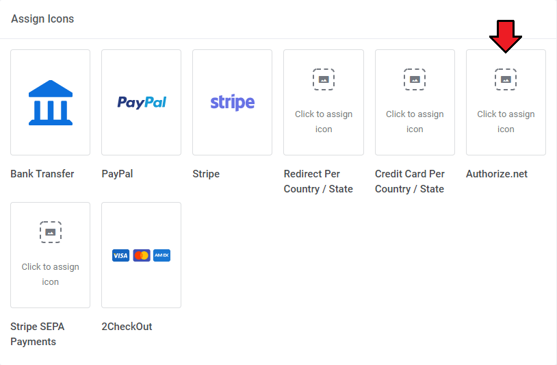Lagom One Step Order Form For WHMCS 1.2.X: Assign Icons list with an arrow on the empty Authorize.net icon box