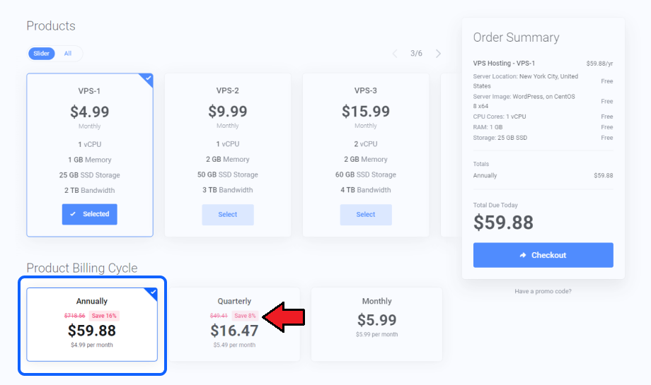 Lagom One Step Order Form For WHMCS 1.2.X: order form with an arrow on the Save 8% price comparison badge