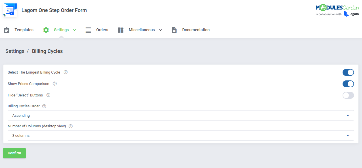 Lagom One Step Order Form For WHMCS 1.2.X: Billing Cycles settings with price comparison and column options