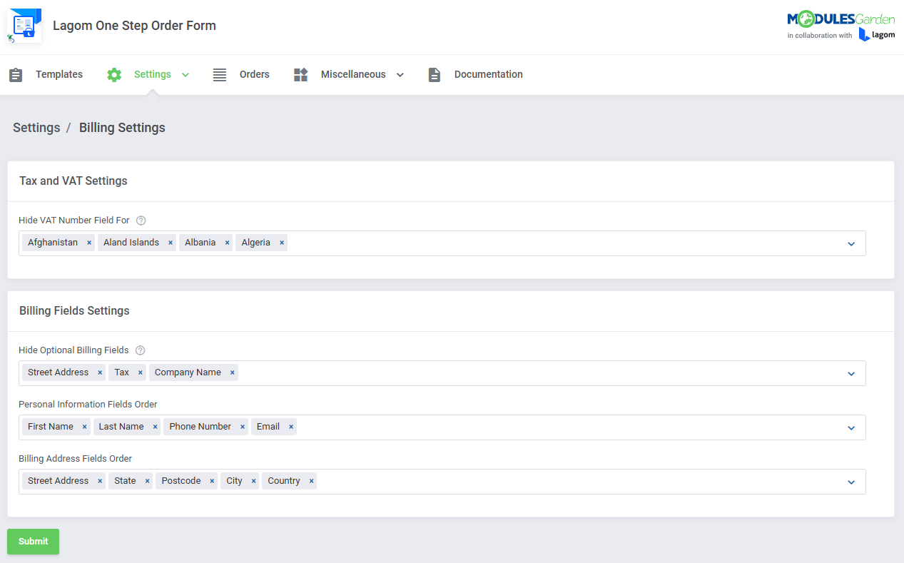 Lagom One Step Order Form For WHMCS 1.2.X: Billing Settings with VAT field, optional billing fields and field order