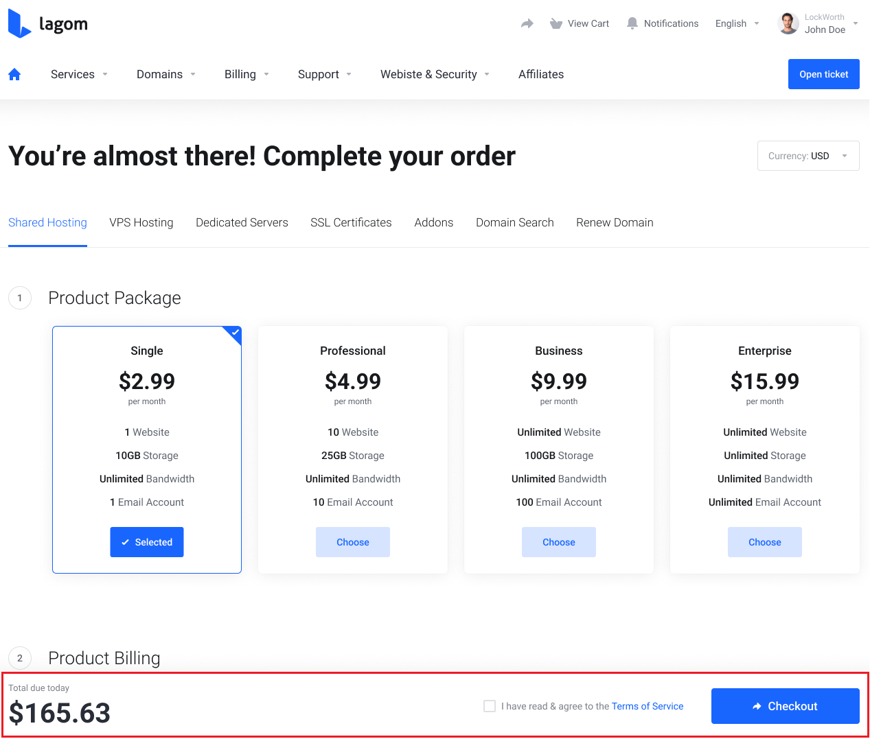 Lagom One Step Order Form For WHMCS 1.2.X: Bottom layout in the client area with a quick summary bar and Checkout button