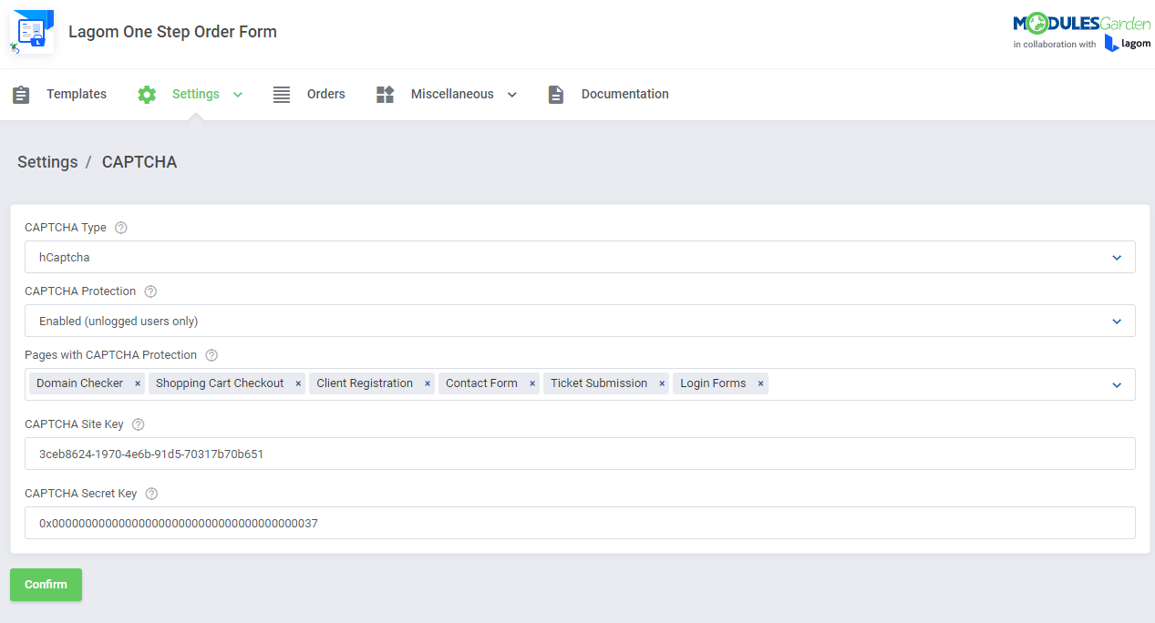 Lagom One Step Order Form For WHMCS 1.2.X: CAPTCHA settings with hCaptcha type, protected pages, site key and secret key