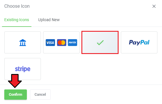 Lagom One Step Order Form For WHMCS 1.2.X: Choose Icon window with an icon selected and an arrow on Confirm