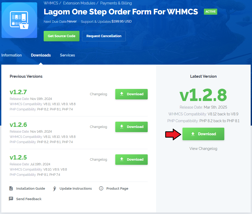 Lagom One Step Order Form For WHMCS 1.2.X: download page in the client area with the Download button for the latest