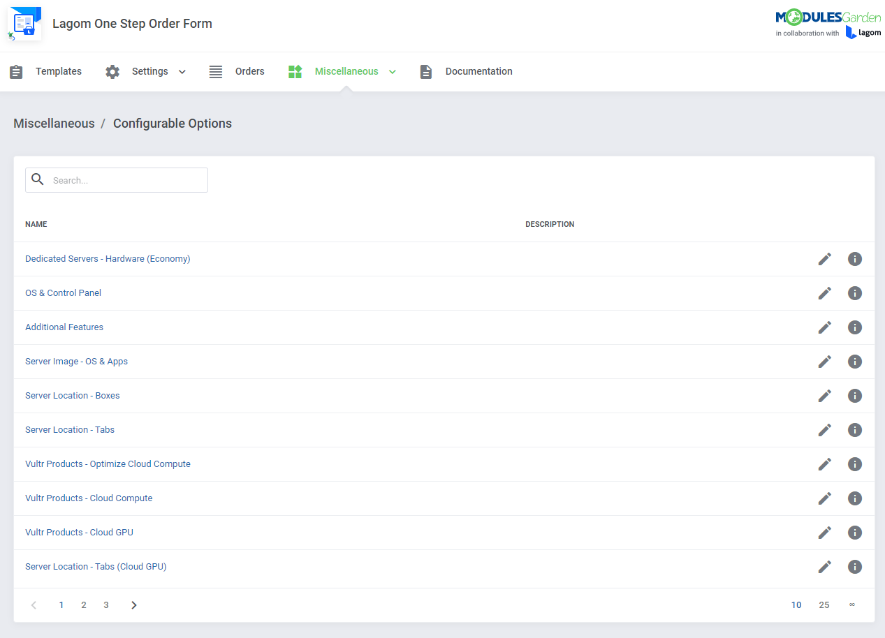 Lagom One Step Order Form For WHMCS 1.2.X: Miscellaneous Configurable Options list with edit and info icons