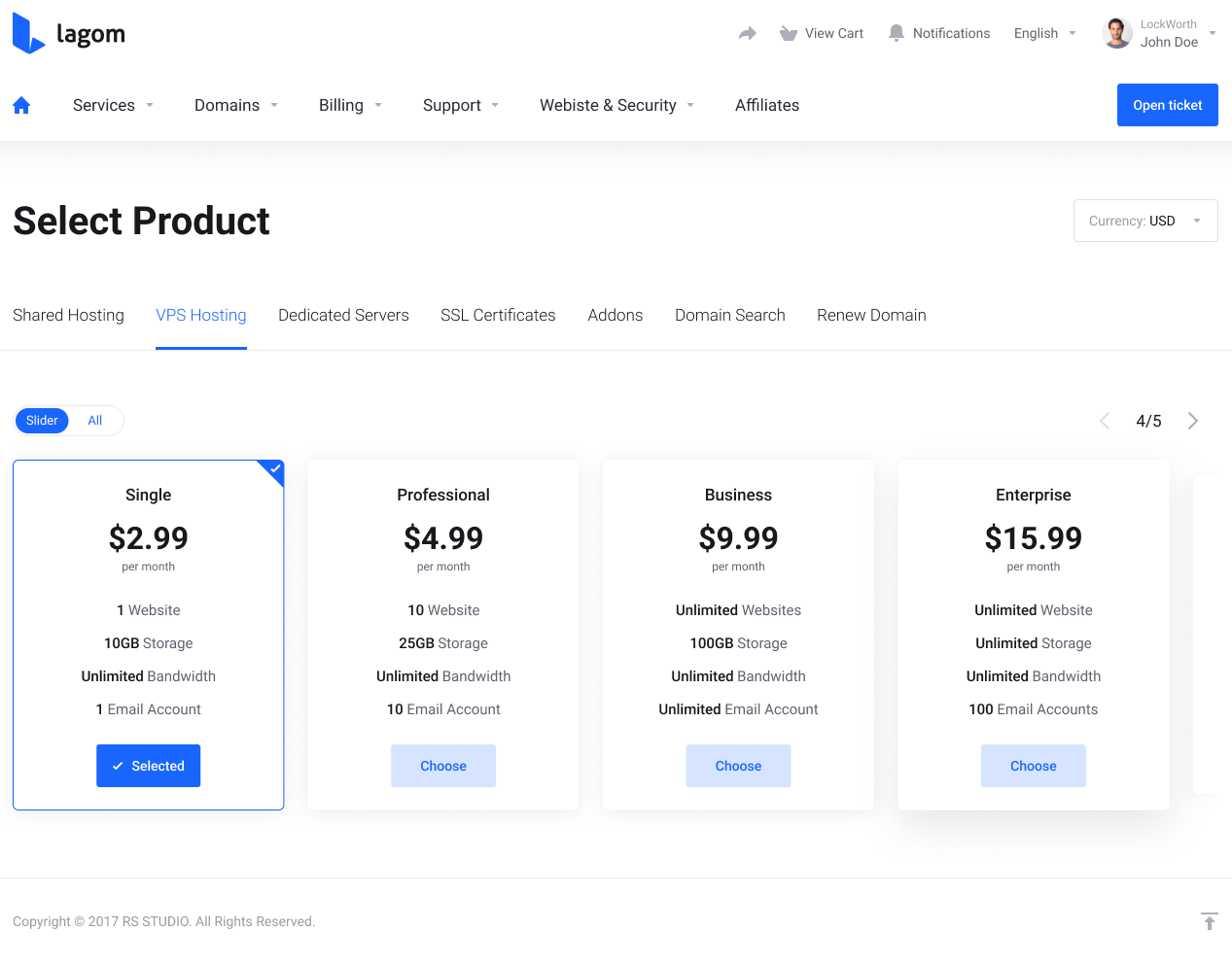 Lagom One Step Order Form For WHMCS 1.2.X: Default package type in the client area with product packages as cards in a