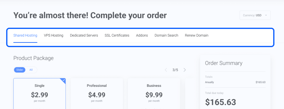 Lagom One Step Order Form For WHMCS 1.2.X: Display Navigation Tabs option showing product group tabs below the page