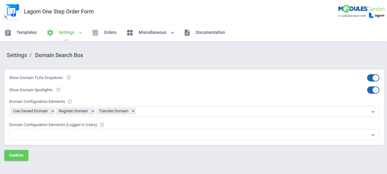 Lagom One Step Order Form For WHMCS 1.2.X: Domain Search Box settings page with TLD dropdown, spotlights and elements