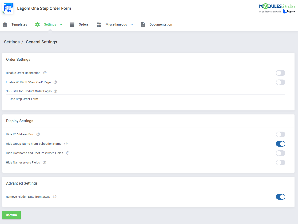 Lagom One Step Order Form For WHMCS 1.2.X: General Settings page in the admin area with Remove Hidden Data from JSON