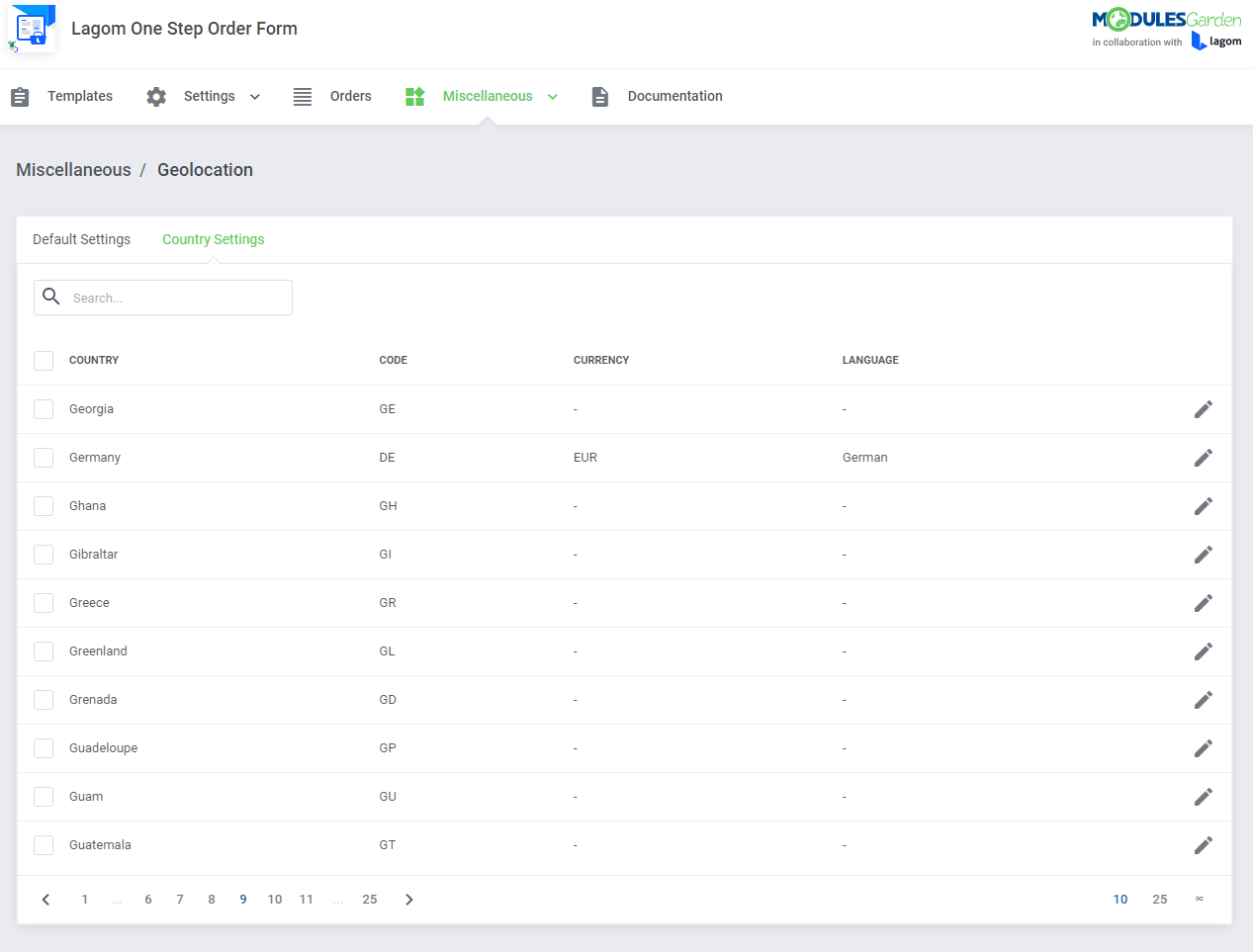 Lagom One Step Order Form For WHMCS 1.2.X: Geolocation Country Settings tab with countries, currency and language