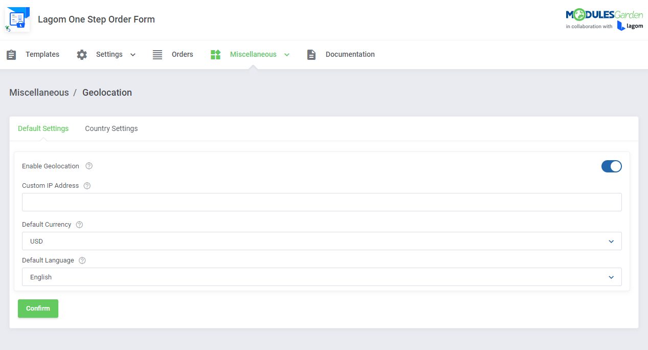 Lagom One Step Order Form For WHMCS 1.2.X: Geolocation Default Settings tab with enable switch, default currency and