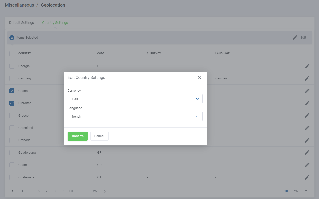 Lagom One Step Order Form For WHMCS 1.2.X: Edit Country Settings window for two selected countries with currency and