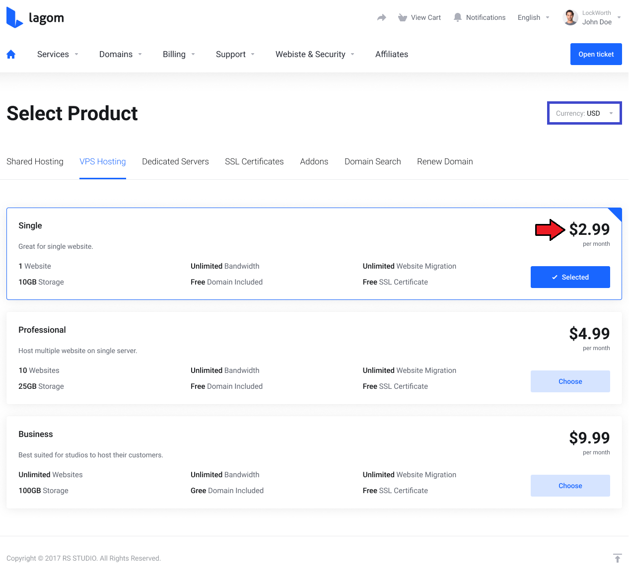 Lagom One Step Order Form For WHMCS 1.2.X: Horizontal package type in the client area with product packages as rows