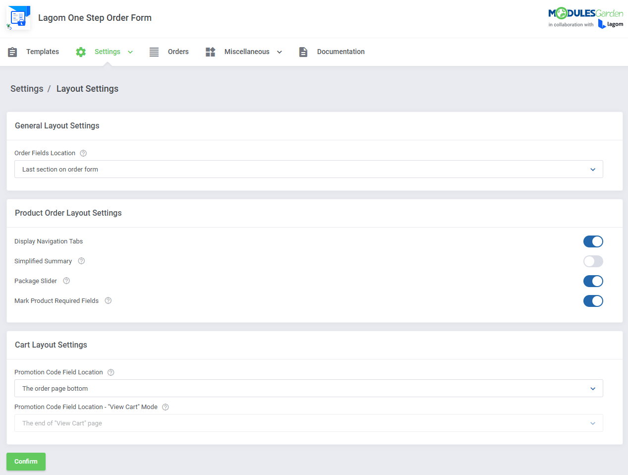 Lagom One Step Order Form For WHMCS 1.2.X: Layout Settings page in the admin area with order fields, product and cart