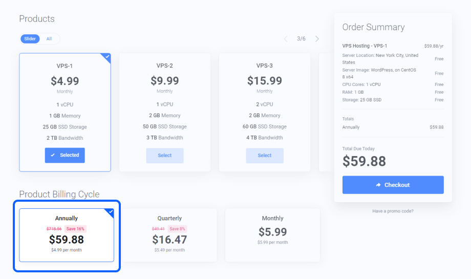 Lagom One Step Order Form For WHMCS 1.2.X: order form with the longest billing cycle Annually selected by default
