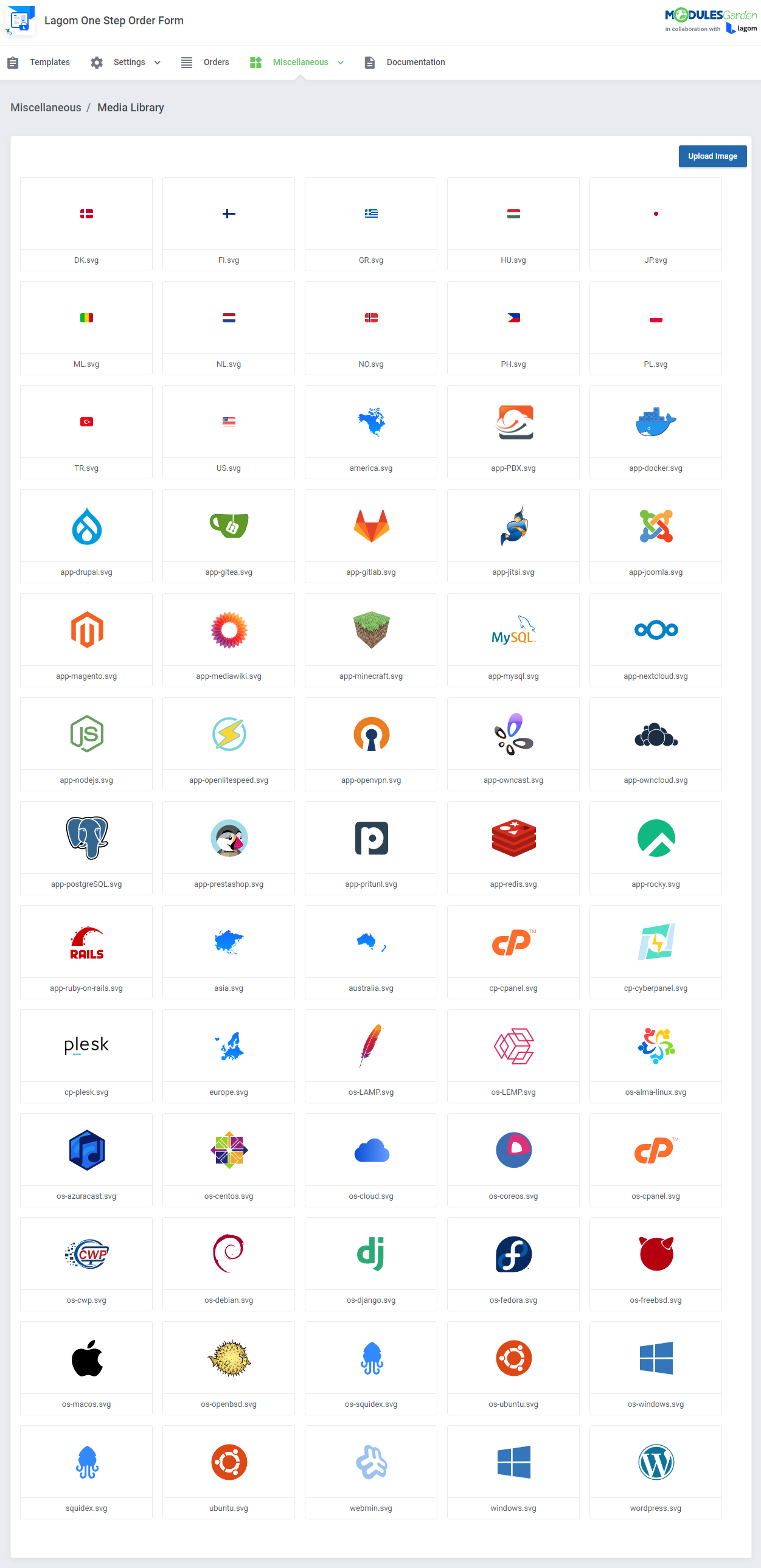 Lagom One Step Order Form For WHMCS 1.2.X: Media Library page with the Upload Image button and a grid of SVG graphics