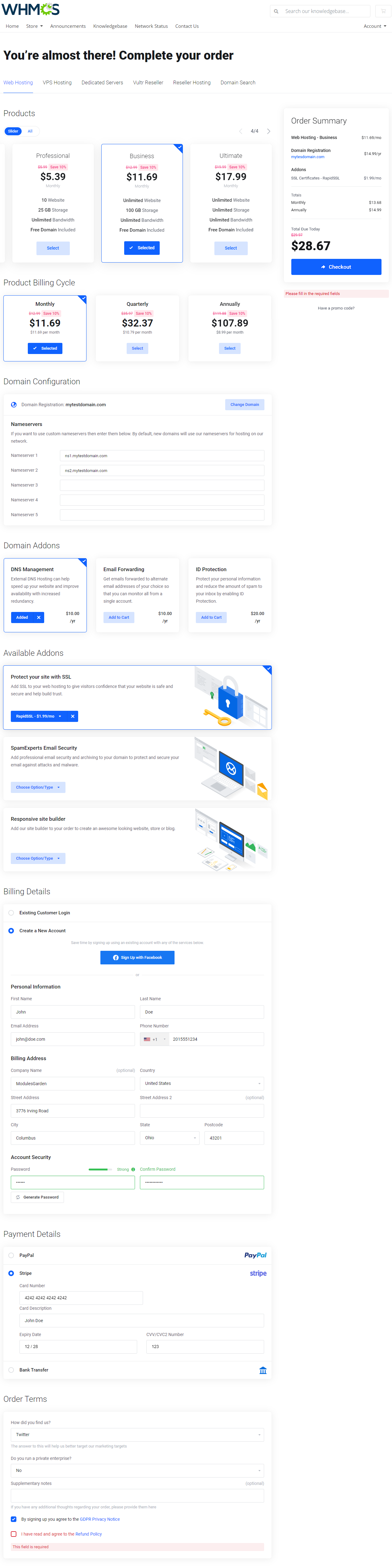 Lagom One Step Order Form For WHMCS 1.2.X: One Step order form in the client area with packages, billing, domain and