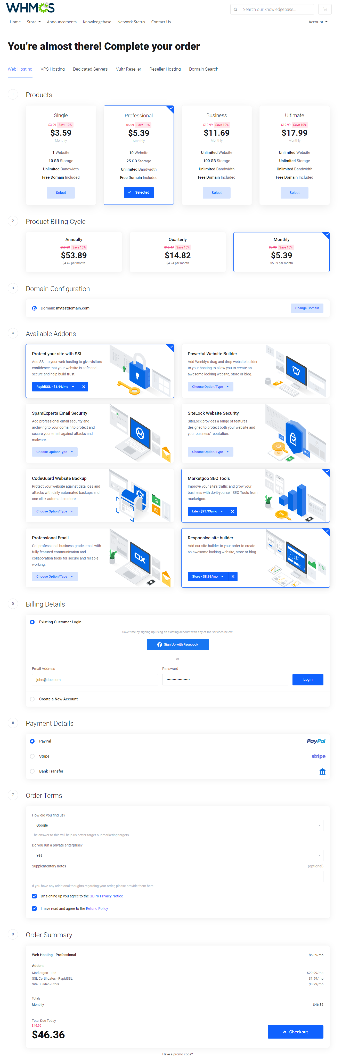 Lagom One Step Order Form For WHMCS 1.2.X: client area order form with Package Slider, billing cycles, addons and