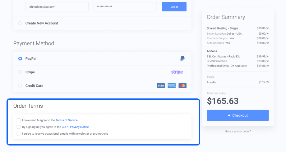 Lagom One Step Order Form For WHMCS 1.2.X: order form with Order Terms section highlighted at the end of the order form